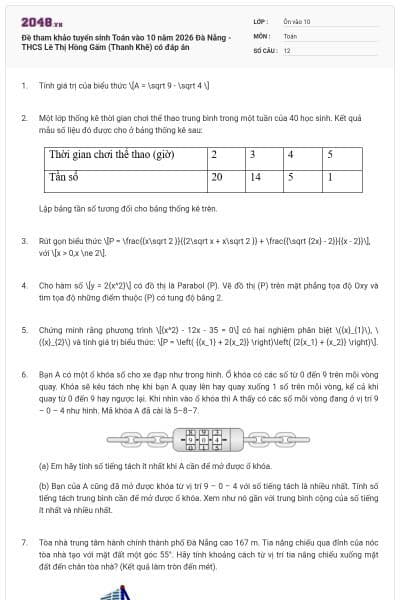 Đề tham khảo tuyển sinh Toán vào 10 năm 2026 Đà Nẵng - THCS Lê Thị Hồng Gấm (Thanh Khê) có đáp án