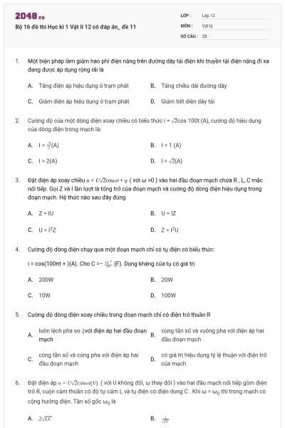 Bộ 16 đề thi Học kì 1 Vật lí 12 có đáp án_ đề 11
