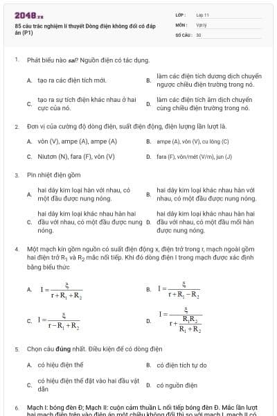 85 câu trắc nghiệm lí thuyết Dòng điện không đổi có đáp án (P1)