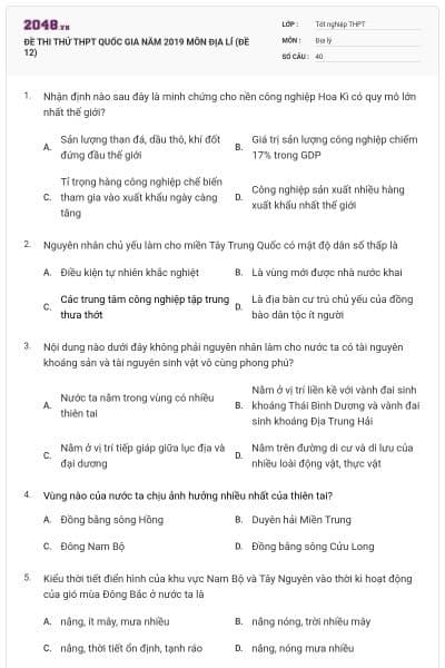 ĐỀ THI THỬ THPT QUỐC GIA NĂM 2019 MÔN ĐỊA LÍ (ĐỀ 12)