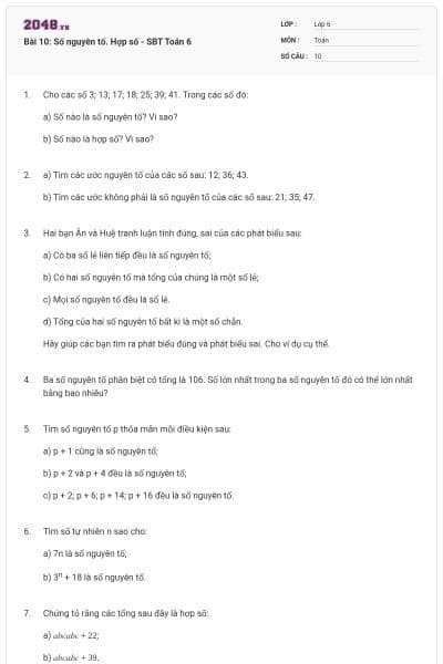 Bài 10: Số nguyên tố. Hợp số - SBT Toán 6