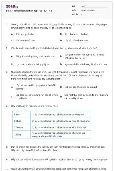 Bài 17: Tách chất khỏi hỗn hợp - SBT KHTN 6