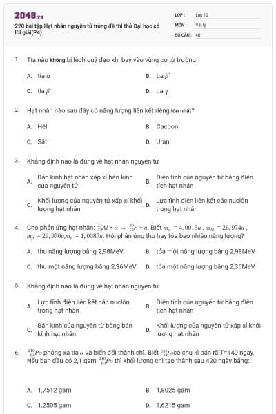 220 bài tập Hạt nhân nguyên tử trong đề thi thử Đại học có lời giải(P4)