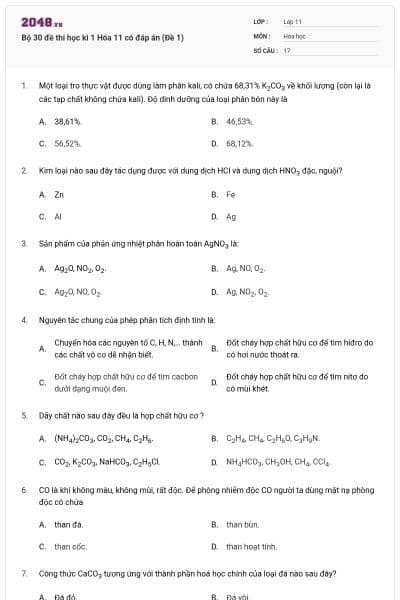 Bộ 30 đề thi học kì 1 Hóa 11 có đáp án (Đề 1)