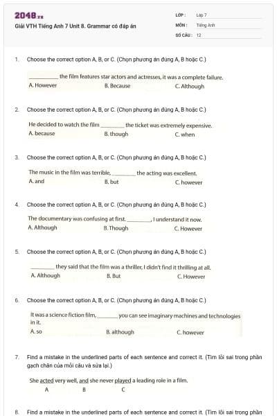 Giải VTH Tiếng Anh 7 Unit 8. Grammar có đáp án