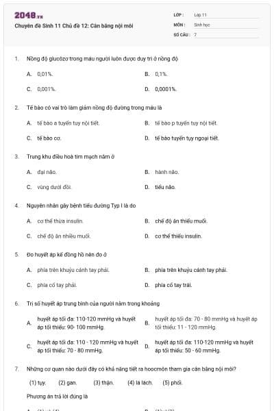 Chuyên đề Sinh 11 Chủ đề 12: Cân bằng nội môi