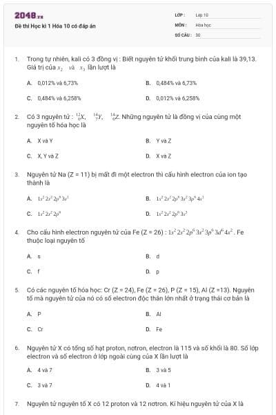 Đề thi Học kì 1 Hóa 10 có đáp án