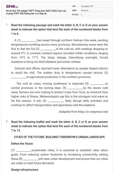 Đề thi thử Tốt nghiệp THPT Tiếng Anh 2025-2026 Cụm các trường THPT Hải Phòng lần 2 có đáp án
