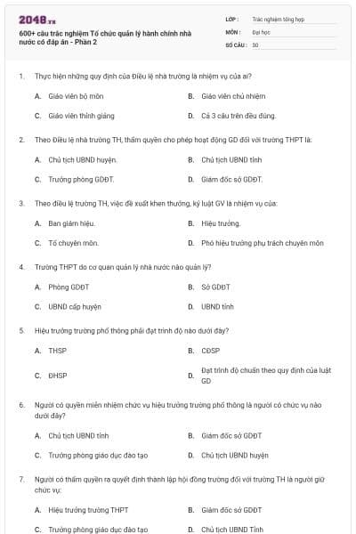 600+ câu trắc nghiệm Tổ chức quản lý hành chính nhà nước có đáp án - Phần 2