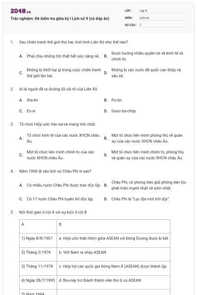 Trắc nghiệm: Đề kiểm tra giữa kỳ I Lịch sử 9 (có đáp án)