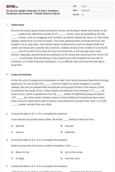 20 câu trắc nghiệm Tiếng Anh 12 Unit 2. Problems - Vocabulary and Grammar - Friends Global có đáp án