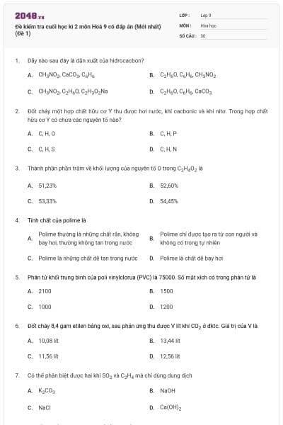 Đề kiểm tra cuối học kì 2 môn Hoá 9 có đáp án (Mới nhất) (Đề 1)