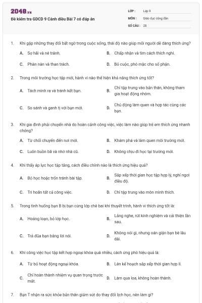 Đề kiểm tra GDCD 9 Cánh diều Bài 7 có đáp án