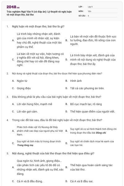Trắc nghiệm Ngữ Văn 9 (có đáp án): Lý thuyết về nghị luận về một đoạn thơ, bài thơ