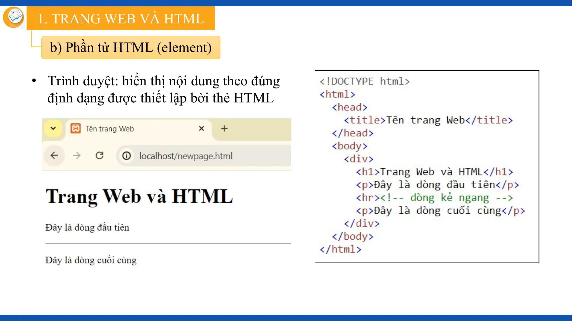1. TRANG WEB VÀ HTML

 b) Phần tử HTML (element)

• Trình duyệt: hiển thị nội dung theo đúng
 định dạng được thiết lập bởi thẻ HTML