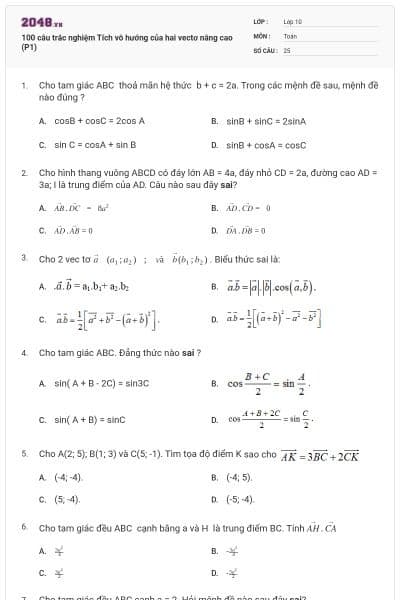 100 câu trắc nghiệm Tích vô hướng của hai vectơ nâng cao (P1)