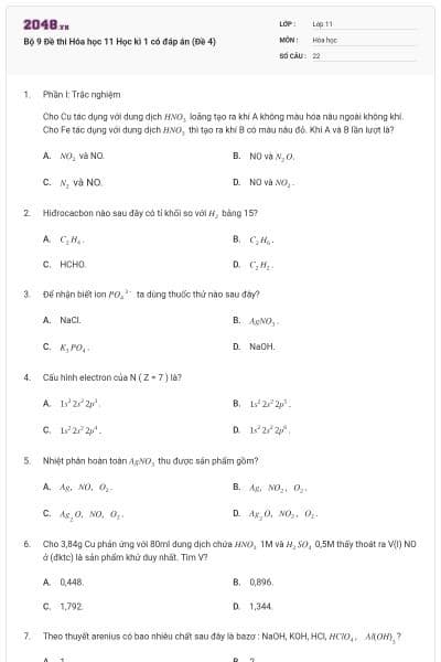 Bộ 9 Đề thi Hóa học 11 Học kì 1 có đáp án (Đề 4)