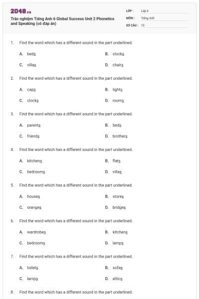Trắc nghiệm Tiếng Anh 6 Global Success Unit 2 Phonetics and Speaking (có đáp án)