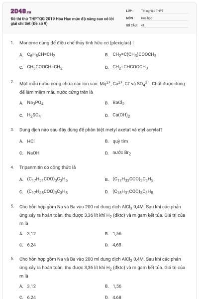 Đề thi thử THPTQG 2019 Hóa Học mức độ nâng cao có lời giải chi tiết (Đề số 9)