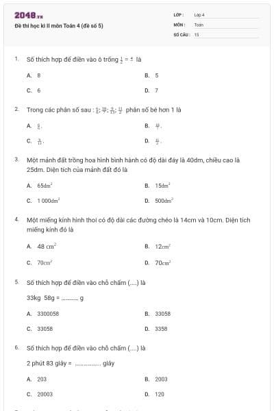 Đề thi học kì II môn Toán 4 (đề số 5)