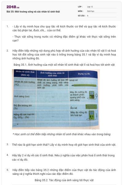 Bài 35: Môi trường sống và các nhân tố sinh thái