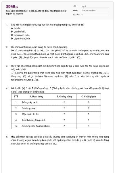 Giải SBT KHTN 8 KNTT Bài 39. Da và điều hòa thân nhiệt ở người có đáp án