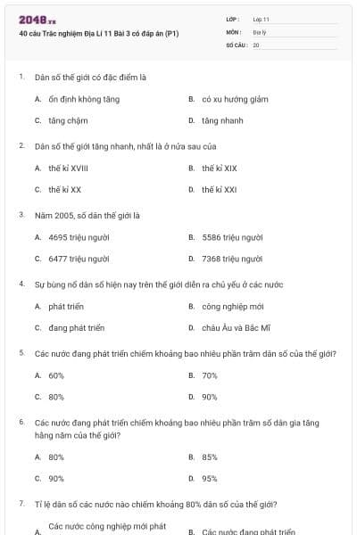 40 câu Trắc nghiệm Địa Lí 11 Bài 3 có đáp án (P1)