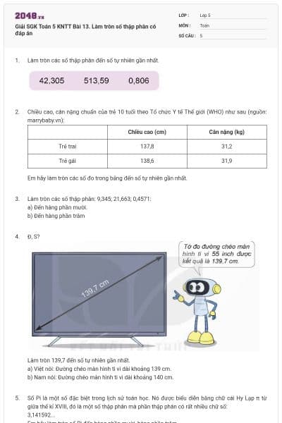 Giải SGK Toán 5 KNTT Bài 13. Làm tròn số thập phân có đáp án