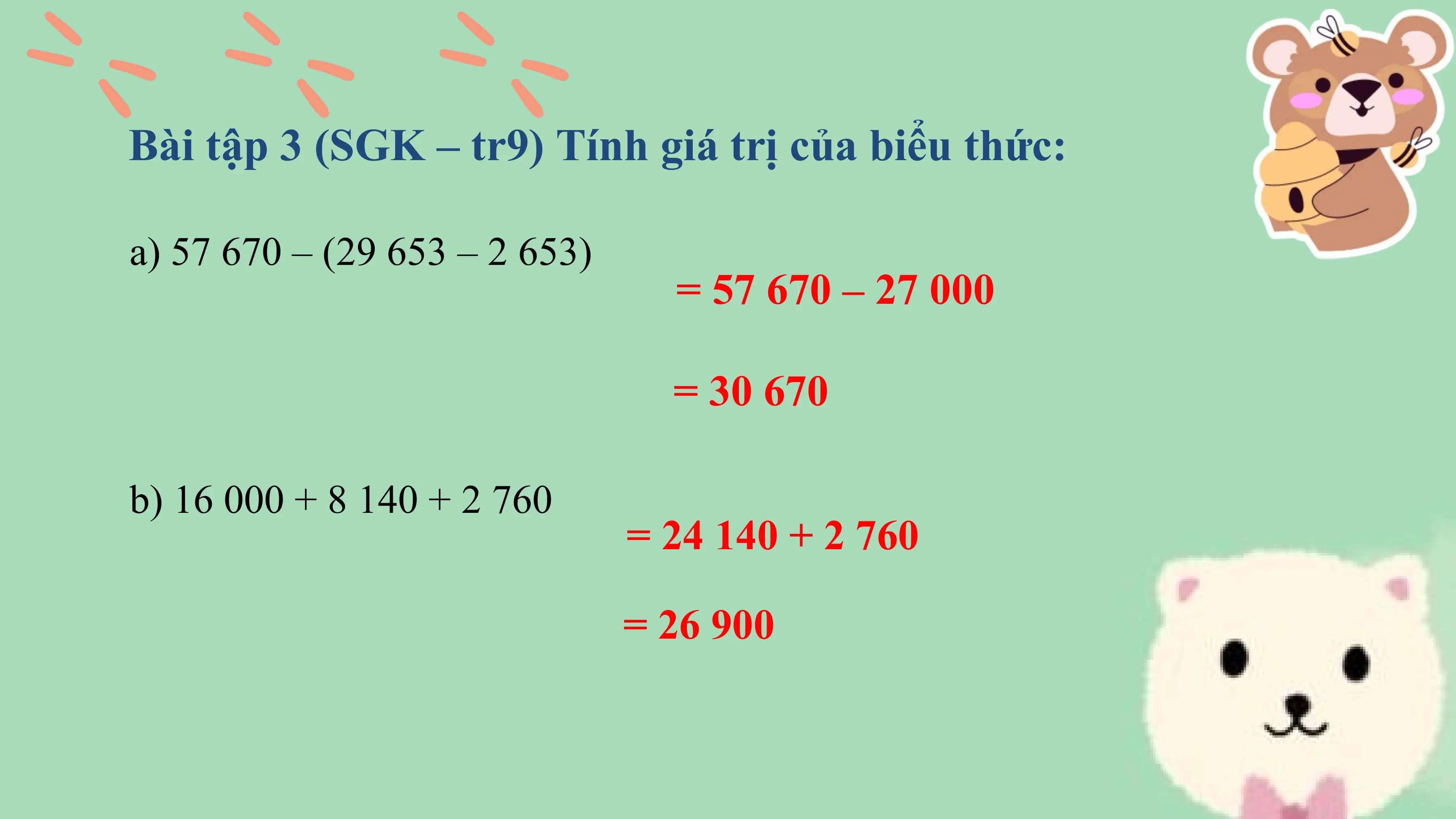 Bài tập 3 (SGK – tr9) Tính giá trị của biểu thức:

a) 57 670 – (29 653 – 2 653)
 = 57 670 – 27 000

 = 30 670

b) 16 000 + 8 140 + 2 760
 = 24 140 + 2 760

 = 26 900