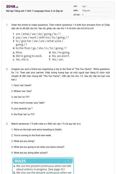 Bài tập Tiếng anh 7 Unit 7 Language focus 2 có đáp án