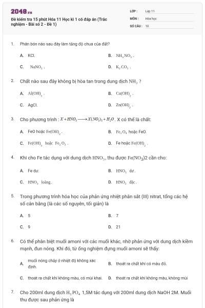 Đề kiểm tra 15 phút Hóa 11 Học kì 1 có đáp án (Trắc nghiệm - Bài số 2 - Đề 1)