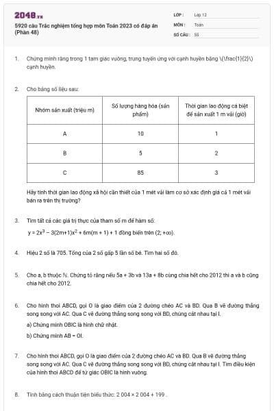 5920 câu Trắc nghiệm tổng hợp môn Toán 2023 có đáp án (Phần 48)