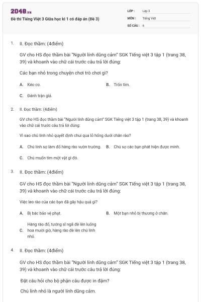 Đề thi Tiếng Việt 3 Giữa học kì 1 có đáp án (Đề 3)