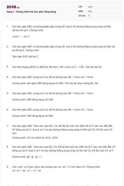 Dạng 1. Chứng minh hai tam giác đồng dạng