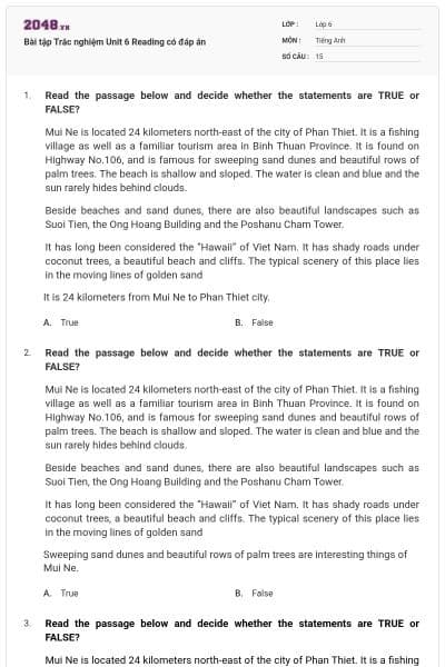 Bài tập Trắc nghiệm Unit 6 Reading có đáp án