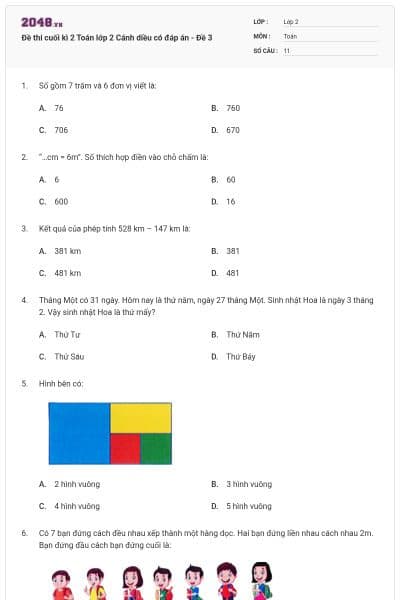 Đề thi cuối kì 2 Toán lớp 2 Cánh diều có đáp án - Đề 3