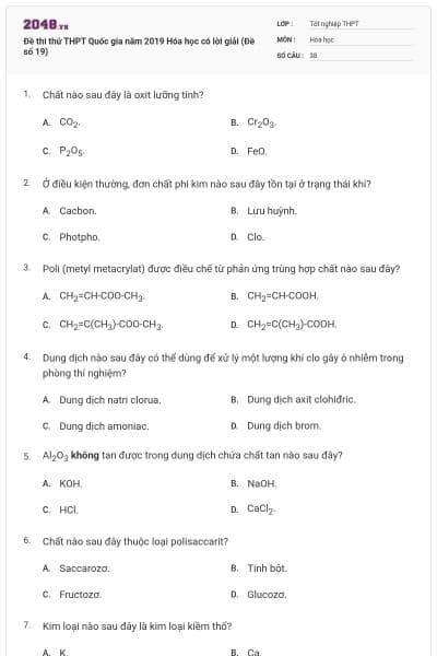 Đề thi thử THPT Quốc gia năm 2019 Hóa học có lời giải (Đề số 19)