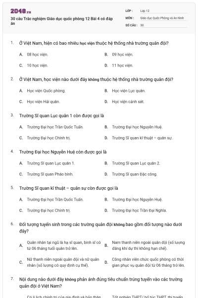 30 câu Trắc nghiệm Giáo dục quốc phòng 12 Bài 4 có đáp án