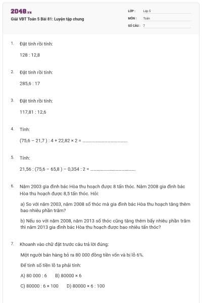Giải VBT Toán 5 Bài 81: Luyện tập chung