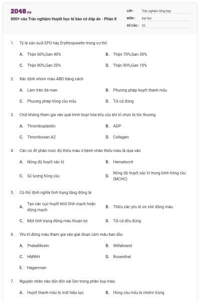 800+ câu Trắc nghiệm Huyết học tế bào có đáp án - Phần 8