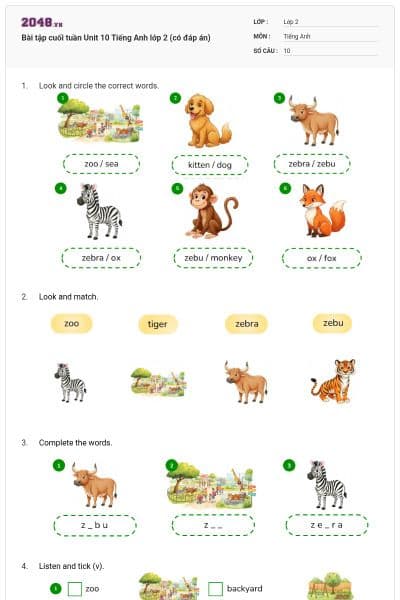 Bài tập cuối tuần Unit 10 Tiếng Anh lớp 2 (có đáp án)