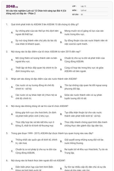 66 câu trắc nghiệm Lịch sử 12 Chân trời sáng tạo Bài 4 (Có đúng sai) có đáp án - Phần 2