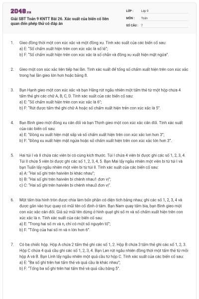 Giải SBT Toán 9 KNTT Bài 26. Xác suất của biến cố liên quan đến phép thử có đáp án