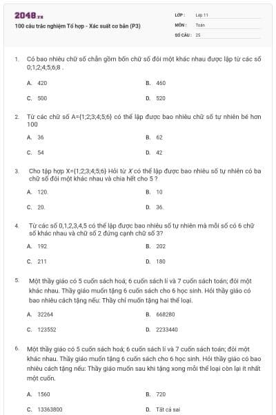 100 câu trắc nghiệm Tổ hợp - Xác suất cơ bản (P3)