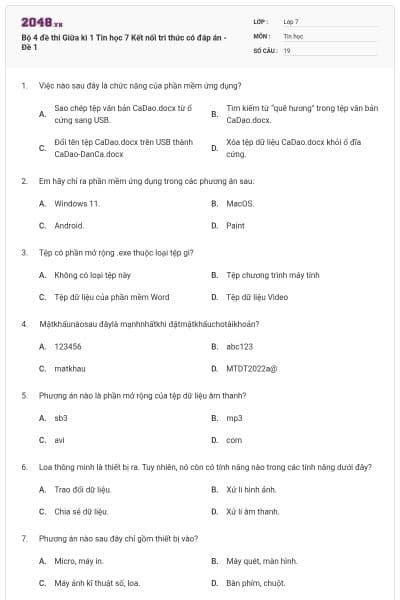 Bộ 4 đề thi Giữa kì 1 Tin học 7 Kết nối tri thức có đáp án - Đề 1