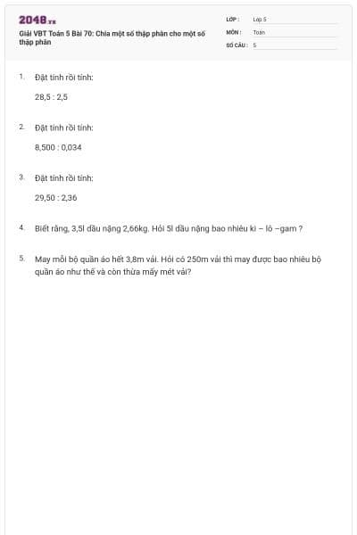 Giải VBT Toán 5 Bài 70: Chia một số thập phân cho một số thập phân