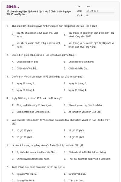 15 câu trắc nghiệm Lịch sử & Địa lí lớp 5 Chân trời sáng tạo Bài 15 có đáp án