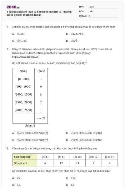 8 câu trắc nghiệm Toán 12 Kết nối tri thức Bài 10. Phương sai và độ lệch chuẩn có đáp án