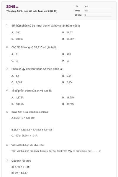 Tổng hợp Đề thi cuối kì I môn Toán lớp 5 (Đề 13)