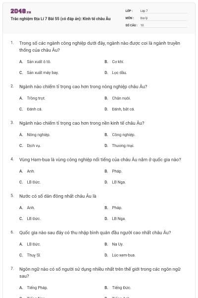 Trắc nghiệm Địa Lí 7 Bài 55 (có đáp án): Kinh tế châu Âu